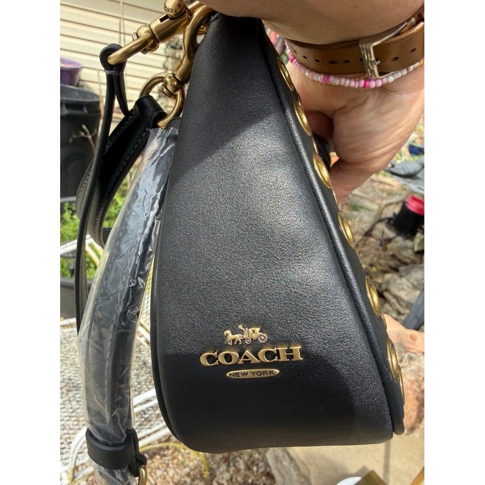 Coach Black Leather Grommet Shoulder Bag Gold Studs CY646 NWT - Picture 13 of 16